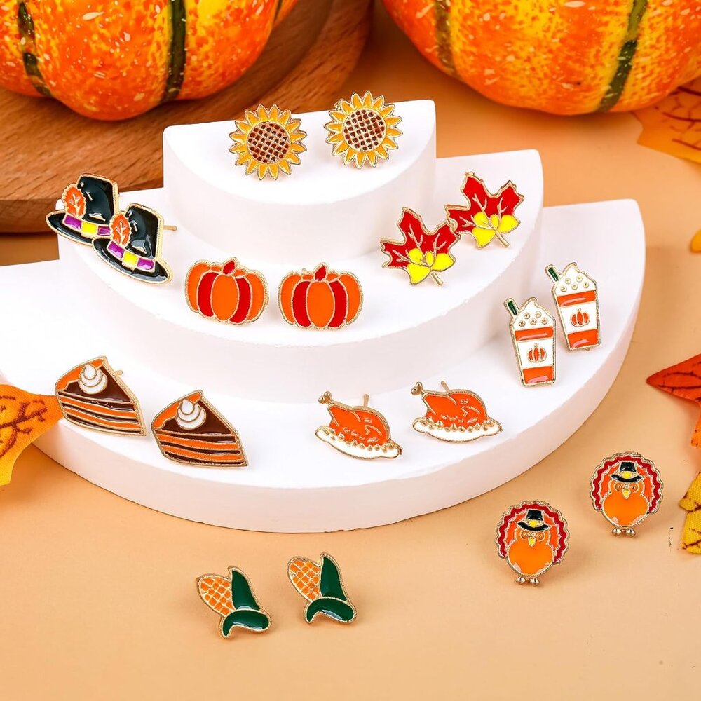 9 Pairs Fall Enamel Stud Earrings for Women Thanksgiving Day Fall Autumn Earring - Picture 2 of 7